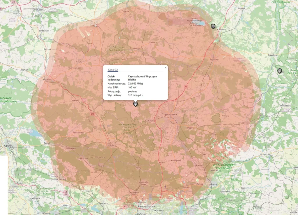 zasięg nadawania MUX-2 Polsat TVN TV Puls nadajnik Częstochowa Wręczyca