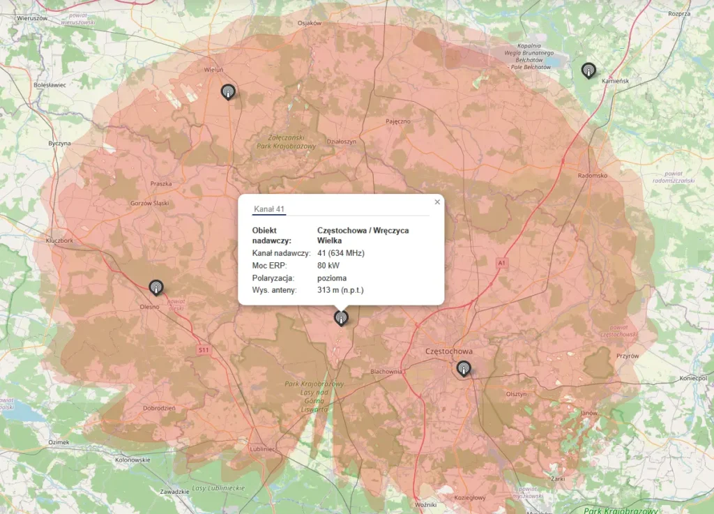 zasięg nadawania MUX-3 TVP1 TVP2 TVP3 nadajnik Częstochowa Wręczyca